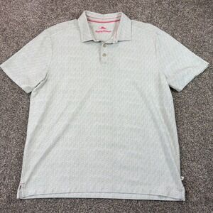 Tommy Bahama Mens L‎ Green Geometric Pima Cotton Blend Polo Shirt Short Sleeve